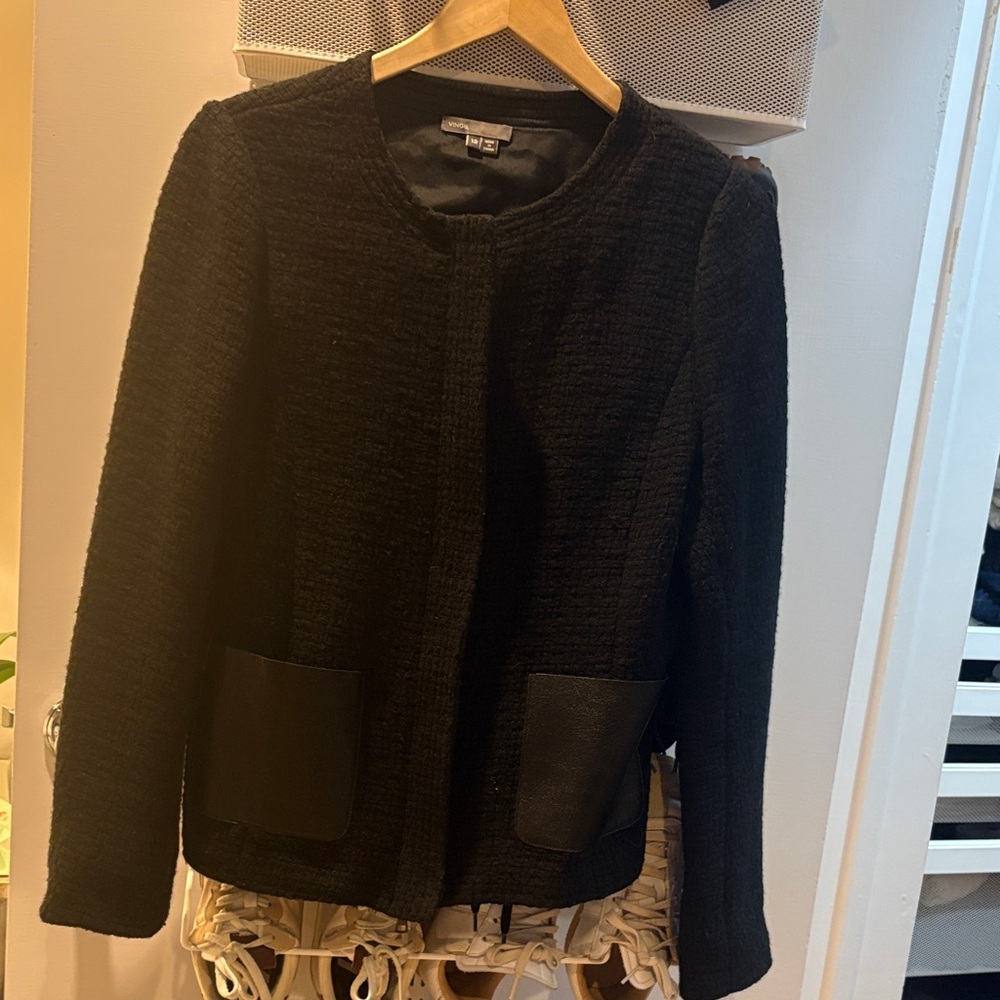 Vince Black Boucle and Leather Cropped Blazzer- Classic Professional Style